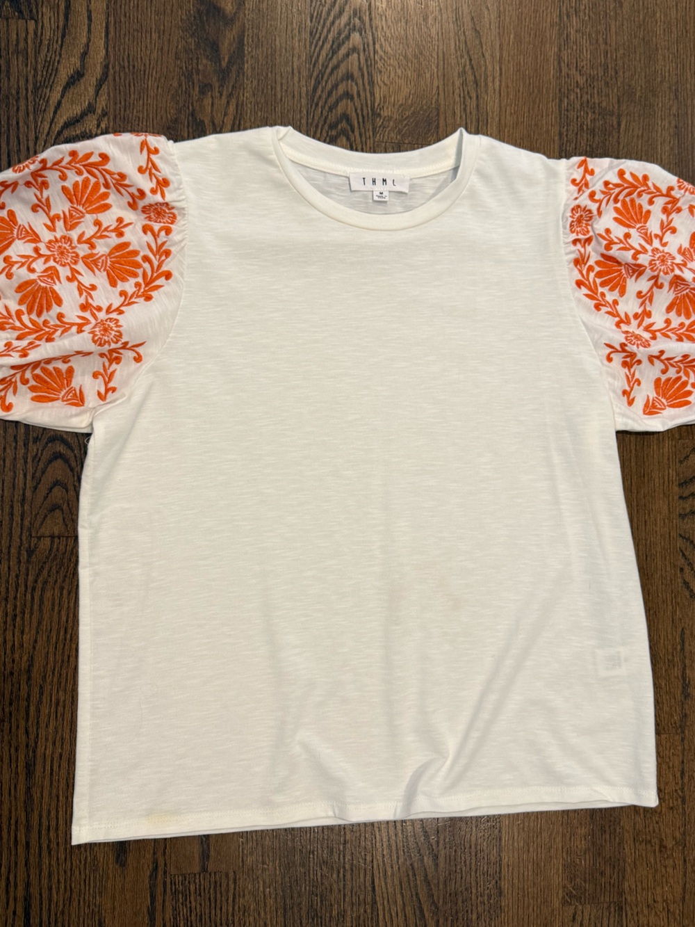 THML White Tee with Orange Floral Puff Sleeves